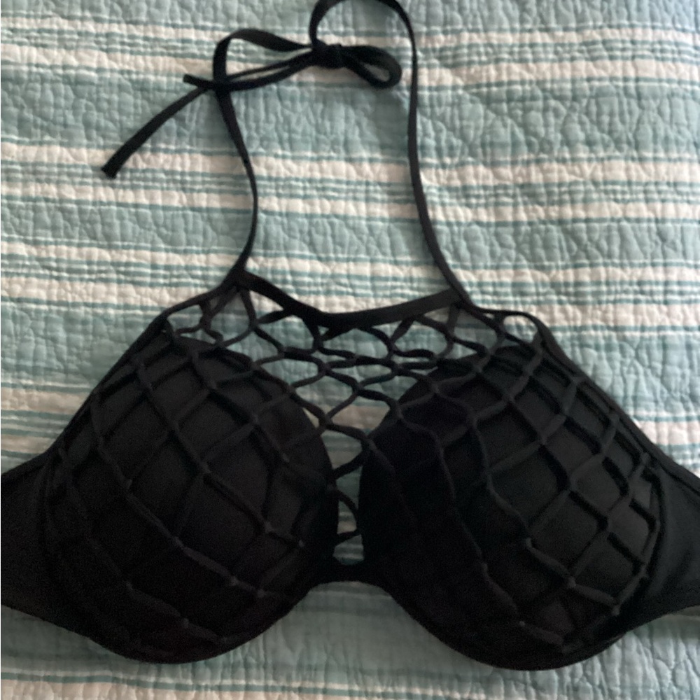 Black Halter Neck Lattice Swim Top